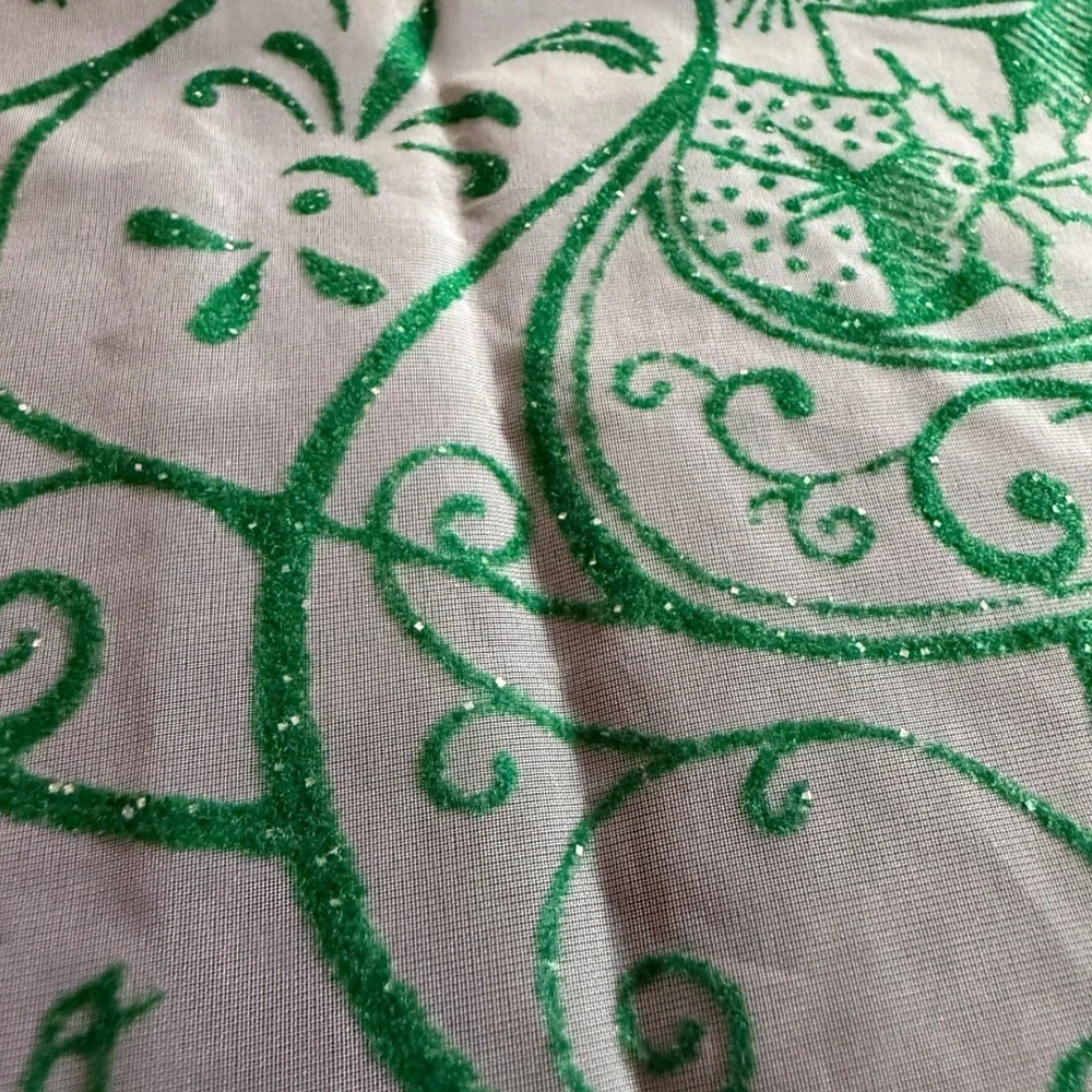 Vintage MCM Christmas Half Apron Green Flocked Sleigh White Organza Holiday MCM